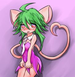 Rule 34 | 1girl, ahoge, animal ears, between breasts, blush stickers, breasts, cleavage, green hair, heart, heart tail, leotard, mad rat dead, mouse (animal), mouse ears, mouse girl, mouse tail, necktie, necktie between breasts, nippon ichi, rat god, red eyes, tail, wings, wrist cuffs