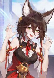 Rule 34 | 1girl, absurdres, animal ears, bare shoulders, blush, breasts, chinese commentary, commentary request, detached sleeves, eyeshadow, fox ears, fox girl, green eyes, hands up, highres, hman, honkai: star rail, honkai (series), looking at viewer, makeup, medium breasts, open mouth, red eyeshadow, smile, solo, teeth, tingyun (honkai: star rail), upper body, upper teeth only