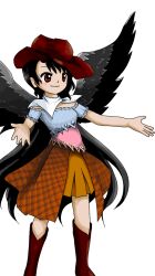Rule 34 | 1girl, black hair, black wings, blue shirt, blush stickers, boots, brown footwear, brown hat, brown skirt, closed mouth, feathered wings, hat, kurokoma saki, long hair, non-web source, official art, pegasus wings, red eyes, shirt, short sleeves, skirt, smile, solo, touhou, transparent background, unfinished dream of all living ghost, wings, zun (artist)