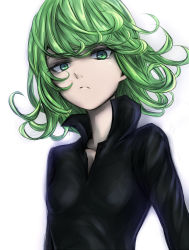 Rule 34 | 1girl, collared dress, dress, frown, green eyes, green hair, inaba-no-kuni-tottori, matching hair/eyes, neck, one-punch man, simple background, solo, tatsumaki, white background