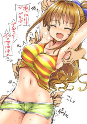 Rule 34 | 1girl, armpits, arms up, blush, breasts, breath, closed eyes, clothes lift, cowboy shot, disembodied limb, drooling, dutch angle, female focus, green shorts, heart, hino akane (idolmaster), idolmaster, idolmaster cinderella girls, japanese text, koppamu, laughing, long hair, medium breasts, musical note, navel, nose blush, open mouth, orange hair, panties, purple panties, pussy juice, restrained, saliva, shiny skin, shirt, shirt lift, short shorts, shorts, simple background, sleeveless, sleeveless shirt, smile, solo, spaghetti strap, speech bubble, spoken musical note, standing, stomach, striped clothes, striped shirt, sweat, talking, text focus, tickling, translation request, trembling, underwear, white background