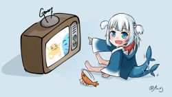 Rule 34 | 1girl, aged down, animal hood, barefoot, blue background, blue eyes, blue hair, blue hoodie, crt, darwin watterson, dot nose, fins, fish tail, gawr gura, grey hair, gumball watterson, highres, hololive, hololive english, holomyth, hood, hoodie, long sleeves, multicolored hair, open mouth, otaku cheng, pointing, pointing forward, screen light, shark hood, shark tail, sharp teeth, short hair, shrimp, sidelocks, signature, sitting, solo, streaked hair, tail, tail wagging, teeth, television, the amazing world of gumball, tv show, twitter username, two-tone hair, two side up, virtual youtuber, watching television, wide sleeves
