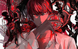 Rule 34 | 1boy, bad id, bad pixiv id, black nails, death note, flower, glowing, glowing eyes, heart, highres, holding, holding heart, jewelry, nail polish, necklace, nigelungdayo, out of frame, red eyes, red flower, red hair, red rose, red theme, rose, ryuk, solo, yagami light