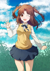 Rule 34 | 1girl, ;d, absurdres, azami masurao, blue ribbon, blue skirt, breasts, brown eyes, brown hair, bush, cloud, commentary request, cowboy shot, day, highres, leaf, long hair, long sleeves, looking at viewer, medium breasts, miniskirt, neck ribbon, one eye closed, open mouth, outdoors, pleated skirt, ribbon, school uniform, shirt, short twintails, skirt, sky, smile, solo, tsukihime, twintails, two side up, vest, waving, white shirt, yellow vest, yumizuka satsuki