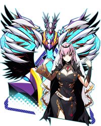Rule 34 | 1girl, black cape, black dress, black tiara, breasts, cape, claws, cleavage, death-x-mon, digimon, digimon (creature), dress, gold trim, highres, hololive, hololive english, large breasts, long hair, mori calliope, mori calliope (1st costume), pink hair, red eyes, see-through, see-through sleeves, simple background, tiara, veil, virtual youtuber, white background