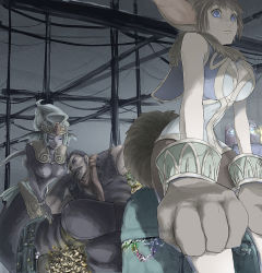 Rule 34 | 1boy, animal ears, blue eyes, breasts, brown hair, chrono cross, cleavage, commentary request, fargo (chrono cross), fins, fur, fur trim, head fins, janice, large breasts, monster girl, multiple girls, short hair, tail