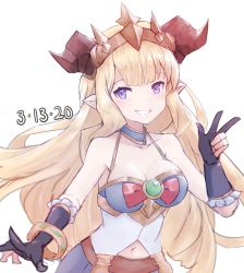 Rule 34 | 1girl, alternate species, bare shoulders, black gloves, blonde hair, blunt bangs, breasts, cagliostro (granblue fantasy), cleavage, collarbone, dated, draph, gloves, granblue fantasy, horns, medium breasts, navel, parted lips, partially fingerless gloves, pointy ears, punished pigeon, purple eyes, smile, solo, tiara, v