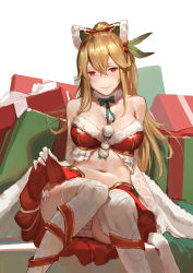 Rule 34 | 10s, 1girl, alternate costume, bare shoulders, blonde hair, bow, breasts, cancer (zjcconan), cleavage, clothes lift, commentary, fur trim, gift, granblue fantasy, green bow, hair between eyes, hair bow, hair ornament, holding, holding clothes, holding skirt, large breasts, long hair, midriff, navel, panties, pantyshot, pink panties, pom pom (clothes), ponytail, red eyes, red ribbon, red skirt, ribbon, santa costume, simple background, sitting, skirt, solo, striped clothes, striped panties, thighhighs, underwear, vira (granblue fantasy), white background, white panties, white thighhighs
