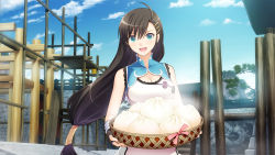 Rule 34 | 1girl, :d, absurdres, baozi, black gloves, blade arcus from shining, blue eyes, blue sky, brown hair, day, fingerless gloves, food, gloves, hair ornament, hairclip, highres, long hair, looking at viewer, low-tied long hair, open mouth, outdoors, pairon, shining (series), sky, smile, solo, tony taka, tree, very long hair, wall