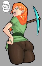 Rule 34 | 1girl, absurdres, alex (minecraft), ass, breasts, bright pupils, brown legwear, clothes lift, commentary, cropped legs, minecraft pickaxe, dress, dress lift, english text, fingernails, from behind, green dress, green eyes, grey background, hand on own hip, highres, holding, holding weapon, long hair, looking at viewer, looking back, minecraft, naughty face, open mouth, orange hair, pants, pink lips, short sleeves, solo, speech bubble, symbol-only commentary, teeth, thick thighs, thighs, upper teeth only, void dot exe, weapon, white pupils