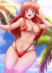 Rule 34 | 1girl, absurdres, beach, bikini, blue eyes, breasts, cleavage, covered erect nipples, curvy, day, gley lancer, highres, large breasts, lucia cabrock, multicolored bikini, multicolored clothes, navel, open mouth, orange hair, outdoors, palm tree, solo, swimsuit, tree, v, water, wide hips, zel-sama