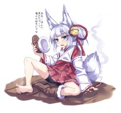 Rule 34 | 1girl, animal ear fluff, animal ears, barefoot, bell, bike shorts, black shorts, blue eyes, boots, brown footwear, commentary request, fang, feet, fox ears, fox girl, fox tail, full body, hair bell, hair ornament, hakama, hakama short skirt, hakama skirt, highres, holding, holding boots, holding clothes, holding footwear, holding smoking pipe, japanese clothes, jingle bell, kimono, kyuutou (kyuutouryuu), light blush, lolibaba, looking at viewer, medium hair, miko, no socks, on floor, open mouth, original, ponytail, red hakama, ribbon-trimmed hakama, rope, shimenawa, shorts, simple background, single barefoot, single boot, sitting, skin fang, skirt, smoke, smoking pipe, soles, solo, spread legs, steam, steaming body, sweatdrop, tail, thick eyebrows, toenails, toes, translated, unworn boots, white background, white hair, white kimono, wide sleeves, wooden floor