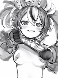 Rule 34 | 1girl, animal, animal ears, animal on head, areola slip, bandaid, bandaids on nipples, blush, breasts, clothes lift, covered erect nipples, furrowed brow, gloves, greyscale, grin, hair between eyes, hakos baelz, highres, hololive, hololive english, key, lifted by self, looking at viewer, medium breasts, medium hair, monochrome, mouse (animal), mouse ears, mr. squeaks (hakos baelz), multicolored hair, nanashi (nlo), no bra, on head, pasties, shirt lift, simple background, smile, smirk, smug, solo, streaked hair, teeth, twintails, upper body, virtual youtuber, white background