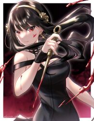 Rule 34 | 1girl, black choker, black dress, black hair, blood, blood on face, blood splatter, breasts, choker, cleavage, closed mouth, dress, earrings, floating hair, highres, holding, holding weapon, jewelry, kurata color, long hair, looking at viewer, medium breasts, red eyes, sleeveless, sleeveless dress, solo, spy x family, twitter username, weapon, yor briar