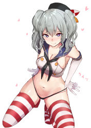 Rule 34 | 1girl, absurdres, akasaai, beret, black panties, blush, breasts, cleavage, closed mouth, collarbone, cosplay, crop top, elbow gloves, female focus, full body, gloves, hat, heart, heart-shaped pupils, highleg, highleg panties, highres, kantai collection, kashima (kancolle), large breasts, lifted by self, long hair, looking at viewer, midriff, navel, no pants, no shoes, panties, panty lift, sailor collar, shimakaze (kancolle), shimakaze (kancolle) (cosplay), shiny skin, sideboob, silver hair, simple background, skindentation, sleeveless, smile, solo, striped clothes, striped thighhighs, symbol-shaped pupils, taut clothes, thighhighs, twintails, undersized clothes, underwear, white background, white gloves