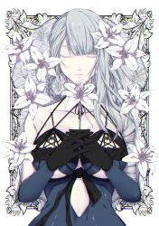 Rule 34 | 1girl, asymmetrical hair, bandaged arm, bandages, black gloves, braid, breasts, chikage (blackclownery), cleavage, closed mouth, closed eyes, flower, gloves, highres, kaine (nier), lingerie, lunar tear, nier, nier (series), own hands together, solo, underwear, upper body