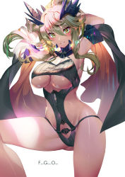 Rule 34 | 1girl, armpits, arms up, artoria pendragon (fate), artoria pendragon (lancer alter) (fate), bare legs, bare shoulders, breasts, cleavage, commentary request, copyright name, fate/grand order, fate (series), floating hair, gluteal fold, green eyes, green hair, groin, hair between eyes, horns, knee up, large breasts, long hair, looking at viewer, navel, parted lips, ponytail, revealing clothes, smile, solo, thick eyebrows, thighs, underboob, v-shaped eyebrows, white background, yoshimoto (dear life)
