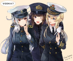 Rule 34 | blonde hair, blue eyes, breasts, brown hair, duplicate, gangut (kancolle), gloves, himeyamato, kantai collection, kongou (kancolle), long hair, looking at viewer, military, military uniform, open mouth, scar, scar on face, self-upload, smile, uniform, warspite (kancolle), white gloves
