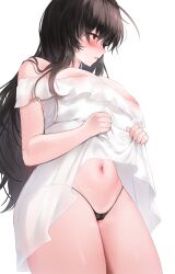 Rule 34 | 1girl, absurdres, areola slip, black hair, black panties, blush, breasts, clothes lift, commission, coqua, dress, dress lift, highres, large breasts, lifted by self, long hair, navel, open mouth, original, panties, red eyes, solo, standing, strapless, strapless dress, thick thighs, thighs, thong, underwear, white background
