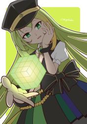 Rule 34 | 1girl, alina gray, aqua eyes, black bow, black hat, black necktie, black vest, blunt ends, bow, brooch, chain, collar, cross tie, detached collar, fur cuffs, gem, green gemstone, green hair, hair between eyes, hat, highres, jewelry, lapels, long hair, magia record: mahou shoujo madoka magica gaiden, magical girl, mahou shoujo madoka magica, multicolored clothes, multicolored hair, multicolored skirt, necktie, notched lapels, peaked cap, pleated skirt, puffy short sleeves, puffy sleeves, saigokudou, see-through, see-through sleeves, short sleeves, sidelocks, skirt, sleeve cuffs, solo, straight hair, streaked hair, striped clothes, striped skirt, v-neck, vertical-striped clothes, vertical-striped skirt, very long hair, vest, waist bow, white collar, white sleeves
