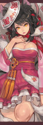Rule 34 | 1girl, ahri (league of legends), animal ears, bad id, bad pixiv id, black hair, braid, breasts, cleavage, dress, fox ears, highres, knees, korean clothes, league of legends, lips, long hair, looking at viewer, open clothes, racoona, solo, tail, yellow eyes