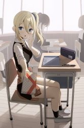 Rule 34 | 4girls, :o, bad id, bad pixiv id, black skirt, black vest, blonde hair, blouse, blue eyes, blue scrunchie, blush, box, breasts, brown cardigan, cardigan, chair, check commentary, classroom, clothes around waist, collarbone, collared shirt, commentary request, day, desk, from side, gift, gift box, hair between eyes, hair ornament, hair scrunchie, hand up, hayasaka ai, highres, holding, holding gift, incoming gift, indoors, kaguya-sama wa kokurasetai ~tensai-tachi no renai zunousen~, long hair, long sleeves, looking at viewer, looking to the side, medium breasts, multiple girls, open mouth, pen, pencil case, school desk, school uniform, scrunchie, shirt, shuuchiin academy school uniform, side ponytail, sidelocks, sitting, skirt, textbook, vest, whispering, white footwear, white shirt, yuu (yuu ammy)