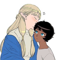 Rule 34 | 1boy, 1girl, affectionate, aged down, black hair, blonde hair, blue eyes, blue shawl, braid, child, closed eyes, closed mouth, dark-skinned male, dark skin, dungeon meshi, elf, eyelashes, frown, gong909, hair behind ear, hair tubes, half updo, head kiss, kabru, kiss, korean commentary, korean text, long hair, long sleeves, looking to the side, looking up, low-tied long hair, milsiril (dungeon meshi), motherly, pointy ears, shawl, sidelocks, simple background, upper body, white background