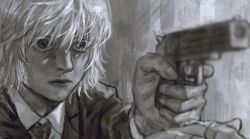 Rule 34 | 1boy, bad id, bad twitter id, closed mouth, collared shirt, commentary, formal, grey background, greyscale, gun, hair between eyes, holding, holding gun, holding weapon, hunter x hunter, jacket, jewelry, kurapika, lips, long sleeves, looking to the side, male focus, monochrome, necktie, portrait, ring, serious, shirt, short hair, solo, suit, umi (k mpk), weapon
