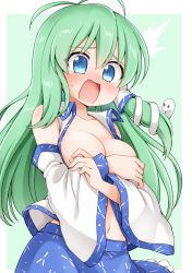 Rule 34 | 1girl, areola slip, bare shoulders, blue eyes, blue skirt, blush, breasts, breasts out, cleavage, collarbone, commentary request, commission, covering privates, covering breasts, d:, detached sleeves, embarrassed, green background, green hair, hair between eyes, hair ornament, highres, kochiya sanae, large breasts, long hair, looking down, navel, open clothes, open mouth, open shirt, screaming, shirt, sidelocks, simple background, skeb commission, skirt, snake hair ornament, solo, suwa yasai, sweat, touhou, two-tone background, upper body, very long hair, white background, white shirt, wide sleeves