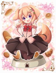 Rule 34 | 1girl, animal ears, baguette, black pantyhose, black skirt, bow, bowl, bowtie, bread, brown hair, commentary request, dog ears, dog tail, dress shirt, fang, floating, food, frilled sleeves, frills, full moon, gochuumon wa usagi desu ka?, hair ornament, hairclip, highres, hoto cocoa, kemonomimi mode, legs up, long sleeves, looking at viewer, medium hair, medium skirt, moon, neru (neruneruru), open mouth, outline, pantyhose, partial commentary, paw pose, pet bowl, pink vest, purple eyes, red bow, red bowtie, shirt, skin fang, skirt, smile, solo, tail, vest, white outline, white shirt, wing collar
