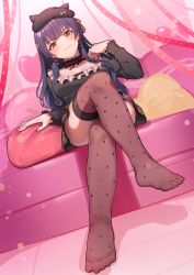 Rule 34 | 1girl, animal ears, animal print, black hat, blush, breasts, brown eyes, cat ears, choker, cleavage, cleavage cutout, clothing cutout, crossed legs, earrings, feet, foreshortening, frilled choker, frills, from below, full body, hat, hat ribbon, heart, heart-shaped pillow, highres, hime cut, idolmaster, idolmaster shiny colors, jewelry, kamille (vcx68), leopard print, long hair, looking at viewer, mayuzumi fuyuko, medium breasts, miniskirt, nail polish, neck ribbon, pillow, polka dot, purple hair, ribbon, sitting, skirt, smile, smug, solo, thighhighs, toes