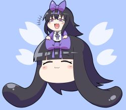 Rule 34 | +++, 1girl, :3, black hair, blue background, blush, bow, chibi, closed mouth, collared shirt, commentary request, cookie (touhou), fairy wings, full body, hair bow, highres, jacket, long hair, madore, mini person, minigirl, neck ribbon, open mouth, purple bow, purple eyes, purple jacket, purple ribbon, ribbon, shirt, shunga youkyu, simple background, smile, star sapphire, touhou, white shirt, wings, yukkuri shiteitte ne