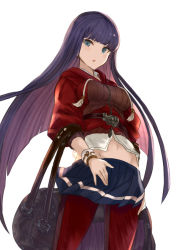 Rule 34 | 1girl, :o, bag, belt, blue eyes, blunt bangs, bracer, fate/grand order, fate (series), hime cut, jacket, looking at viewer, martha (fate), midriff, navel, pants, pants under skirt, pleated skirt, purple hair, red jacket, red pants, simple background, skirt, solo, straight hair, white background, yatsuka (846)