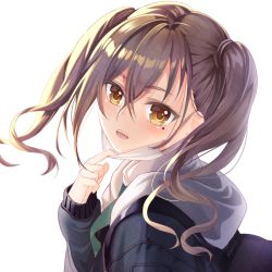 Rule 34 | 1girl, bad id, bad pixiv id, black jacket, blush, brown eyes, brown hair, commentary request, dhfz181, from side, green necktie, hair between eyes, hair tie, head tilt, highres, hood, hood down, hooded jacket, idolmaster, idolmaster cinderella girls, jacket, long hair, long sleeves, looking at viewer, looking to the side, mask, mask pull, mole, mole under eye, mouth mask, necktie, open mouth, sharp teeth, simple background, solo, sunazuka akira, surgical mask, teeth, twintails, upper body, white background