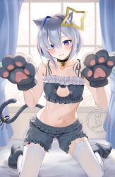 1girl absurdres amane_kanata animal_ears animal_hands bare_shoulders bell blush bra cat_ears cat_girl cat_lingerie cat_paws cat_tail cleavage_cutout clothing_cutout crop_top frilled_bra frilled_shorts frills halterneck highres hololive looking_at_viewer meme_attire multicolored_hair navel neck_bell on_bed paw_pose short_hair shorts shuriken_hair_ornament signature smallpine_7 solo tail thighhighs underwear virtual_youtuber