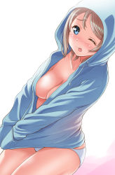 Rule 34 | 10s, 1girl, ;p, bikini, bikini bottom only, blue eyes, blush, breasts, brown hair, cleavage, collarbone, cowboy shot, eyelashes, gonta (gshoutai), grey hair, hands in pockets, highres, hood, hoodie, love live!, love live! sunshine!!, medium breasts, no bra, one eye closed, open clothes, open hoodie, pink background, short hair, smile, solo, swimsuit, tongue, tongue out, topless, watanabe you, white background, white bikini