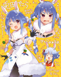 Rule 34 | 1girl, ;o, angry, animal ear fluff, animal ears, bare shoulders, black gloves, black leotard, black pantyhose, blue hair, blush, braid, breasts, carrot hair ornament, clothing cutout, coat, coat dress, cowboy shot, detached sleeves, don-chan (usada pekora), dress, food-themed hair ornament, fur-trimmed coat, fur-trimmed gloves, fur scarf, fur trim, gloves, hair ornament, hidejiu, highres, hikimayu, hololive, leotard, leotard under clothes, long hair, multicolored hair, multiple views, one eye closed, orange eyes, pantyhose, playboy bunny, puffy short sleeves, puffy sleeves, rabbit ears, scarf, short eyebrows, short sleeves, small breasts, strapless, strapless coat, strapless dress, strapless leotard, swept bangs, tearing up, thick eyebrows, translation request, twin braids, twintails, two-tone hair, underboob cutout, usada pekora, usada pekora (1st costume), virtual youtuber, waving, white coat, white hair, white scarf, white sleeves