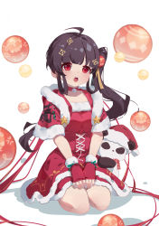 Rule 34 | 1girl, :o, absurdres, ahoge, ariakk, bear, black hair, capelet, chinese commentary, christmas, commentary request, dress, fur-trimmed capelet, fur-trimmed dress, fur-trimmed gloves, fur trim, gloves, hair ornament, hands on lap, hat, highres, light blush, long hair, looking at viewer, polar bear, pulao (punishing: gray raven), punishing: gray raven, red eyes, santa costume, santa dress, santa hat, scarf, seiza, side ponytail, sidelocks, sitting, solo, white background