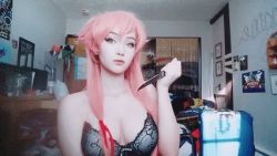 Rule 34 | 1girl, animated, animated gif, bra, breasts, cleavage, cosplay, female focus, gasai yuno, gasai yuno (cosplay), indoors, knife, licking, licking blade, licking weapon, lowres, mirai nikki, photo (medium), pink hair, solo, tongue, tongue out, underwear, weapon