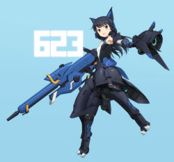 Rule 34 | 1girl, alice gear aegis, blue background, blue eyes, blue hair, bodysuit, commentary request, full body, gun, headphones, holding, holding gun, holding weapon, koashi mutsumi, looking at viewer, mecha musume, mechanical ears, shimada fumikane, shorts, simple background, solo, weapon