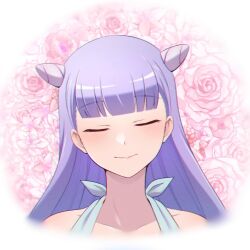 Rule 34 | 1girl, bare shoulders, blush, closed eyes, closed mouth, collarbone, commentary, english commentary, floral background, flower, hair flower, hair ornament, highres, hime cut, long hair, purple hair, ragna crimson, rose background, solo, starlia lese, straight hair, war artwork, white background