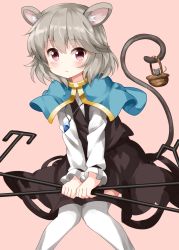 Rule 34 | 1girl, :/, animal ears, basket, black skirt, black vest, capelet, dowsing rod, expressionless, grey hair, highres, jewelry, knees together feet apart, long sleeves, looking at viewer, medium hair, mouse (animal), mouse ears, mouse tail, nazrin, pendant, pink background, red eyes, ruu (tksymkw), shirt, simple background, skirt, skirt set, solo, tail, thighhighs, touhou, vest, white shirt, white thighhighs