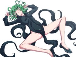 Rule 34 | 1girl, ass, black dress, black footwear, breasts, covered erect nipples, covered navel, curly hair, dress, green eyes, green hair, hanya (hanya yashiki), highres, looking at viewer, lying, on back, one-punch man, short hair, simple background, solo, spread legs, tatsumaki, white background