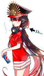 Rule 34 | 1girl, blush, buster shirt, can, cape, clothes writing, crest, family crest, fate/grand order, fate (series), hat, headphones, headphones around neck, highres, holding, holding can, long hair, military hat, oda nobunaga (fate), oda uri, peaked cap, pepsi, red cape, red eyes, red shirt, shirt, simple background, skirt, solo, striped clothes, striped skirt, t-shirt, very long hair, white background, yui (tamagohan)