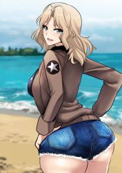 Rule 34 | 10s, 1girl, beach, blonde hair, blue eyes, blue shorts, blurry, blurry background, brown jacket, cloud, cloudy sky, cowboy shot, cutoffs, day, denim, denim shorts, depth of field, emblem, from behind, girls und panzer, hair intakes, hands on own hips, hifumi hajime, highres, jacket, kay (girls und panzer), long hair, long sleeves, looking at viewer, military, military uniform, ocean, open mouth, outdoors, saunders military uniform, short shorts, shorts, sky, smile, solo, standing, star (symbol), uniform