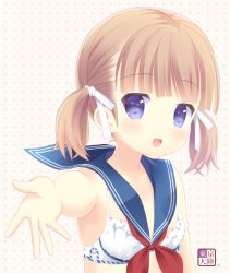 Rule 34 | 1girl, artist logo, artist name, blue sailor collar, blunt bangs, bra, breasts, commentary request, hair ribbon, kurasawa kyoushou, light brown hair, looking at viewer, neckerchief, open mouth, original, polka dot, polka dot background, purple eyes, reaching, reaching towards viewer, red neckerchief, ribbon, sailor collar, short hair, short twintails, small breasts, smile, solo, twintails, underwear, upper body, white bra, white ribbon, yellow background