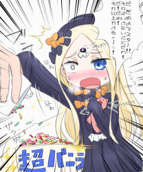 Rule 34 | 1girl, ^^^, abigail williams (fate), arm up, black bow, black dress, black hat, blonde hair, blue eyes, blush, bow, bug, butterfly, chibi, crossed bandaids, dress, emphasis lines, fang, fate/grand order, fate (series), fingernails, hair bow, hat, highres, hugging object, insect, long hair, long sleeves, neon-tetora, nose blush, open mouth, orange bow, parted bangs, sleeves past fingers, sleeves past wrists, solo focus, sprinkles, stuffed animal, stuffed toy, teddy bear, translation request, very long hair