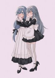 Rule 34 | 2girls, :t, absurdres, alternate costume, apron, black dress, black footwear, blue eyes, blush, closed mouth, commentary request, dress, enmaided, frilled apron, frilled dress, frills, fu hua, fu hua (herrscher of sentience), grey hair, hair between eyes, high heels, highres, hkhkfff0, honkai (series), honkai impact 3rd, juliet sleeves, long hair, long sleeves, maid, maid apron, maid headdress, multiple girls, pantyhose, parted lips, pink background, pleated dress, puffy sleeves, red eyes, shoes, simple background, sweat, thighhighs, v-shaped eyebrows, very long hair, white apron, white pantyhose, white thighhighs