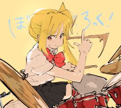 Rule 34 | 1girl, absurdres, ahoge, black skirt, blonde hair, bocchi the rock!, bow, bowtie, closed mouth, copyright name, cymbals, dress shirt, drum, drum set, drumming, drumsticks, feet out of frame, hand up, highres, holding, holding drumsticks, ijichi nijika, index finger raised, instrument, light blush, long hair, looking at viewer, nangnangnang, orange eyes, pleated skirt, polka dot bowtie, raised eyebrow, red bow, red bowtie, shirt, short sleeves, side ponytail, sitting, skirt, smear frame, smirk, solo, sweat, translation request, twirl, v-shaped eyebrows, white shirt, yellow background