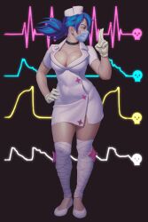 Rule 34 | + +, 1girl, absurdres, ass, bandaged leg, bandages, black choker, blue hair, breasts, cardiogram, choker, cleavage, commentary, dress, entheighth, eyepatch, flats, full body, gloves, hair over one eye, hand on own hip, hat, heartbeat, highres, large breasts, mask, mouth mask, nurse, nurse cap, one-eyed, ponytail, profile, red eyes, short dress, skullgirls, solo, standing, surgical mask, thighs, valentine (skullgirls), white dress, white footwear, white gloves